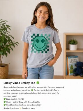 Tultex Heather Gray Tee with Green Smiley Shamrock Graphic